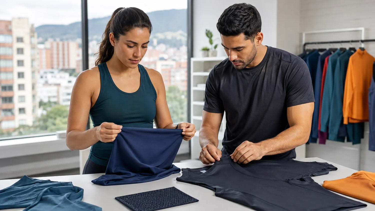 Mujer y hombre colombianos comparan tejidos y costuras de prendas deportivas técnicas