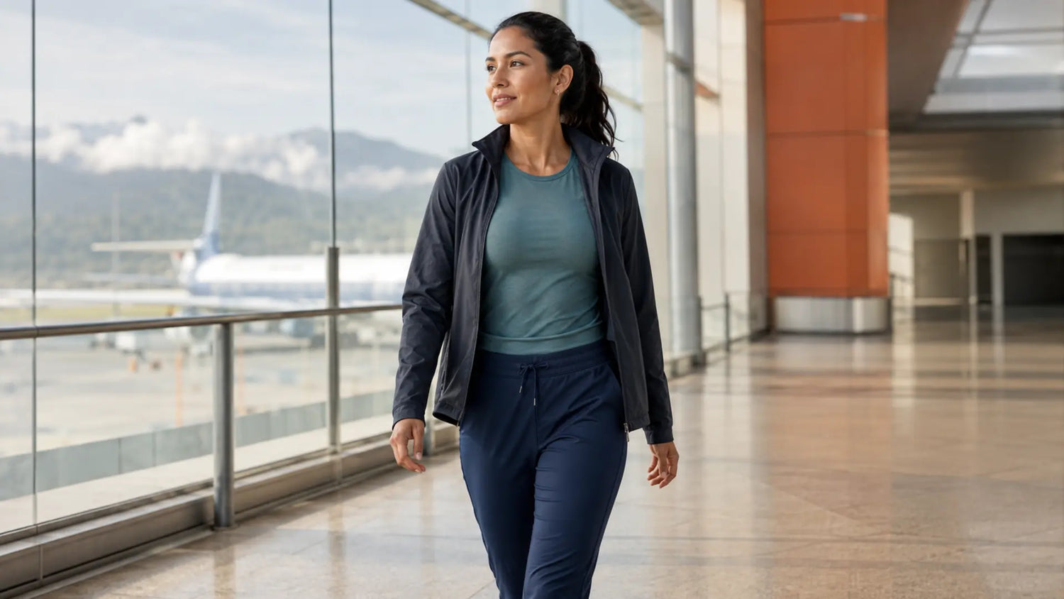 Mujer colombiana viaja con jogger, camiseta técnica y chaqueta ligera en un aeropuerto