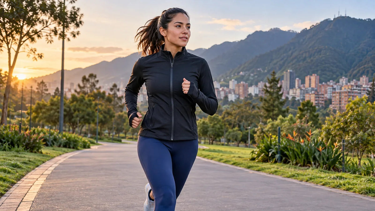 Mujer corriendo con chaqueta deportiva negra y leggings azules en un parque de Bogotá frente a los cerros orientales.