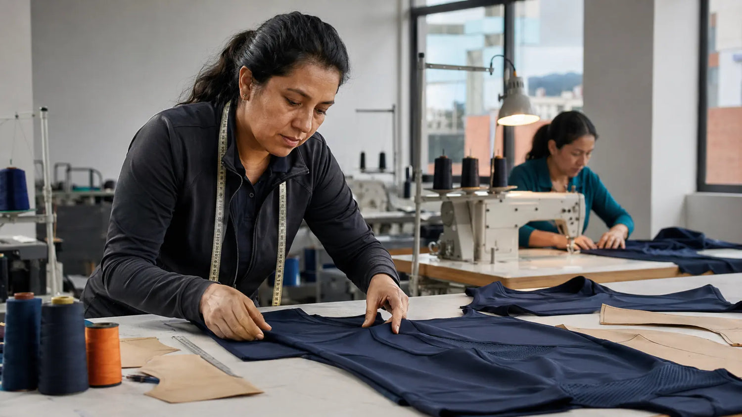 Diseñadora y operaria colombianas desarrollan una prenda deportiva técnica en un taller