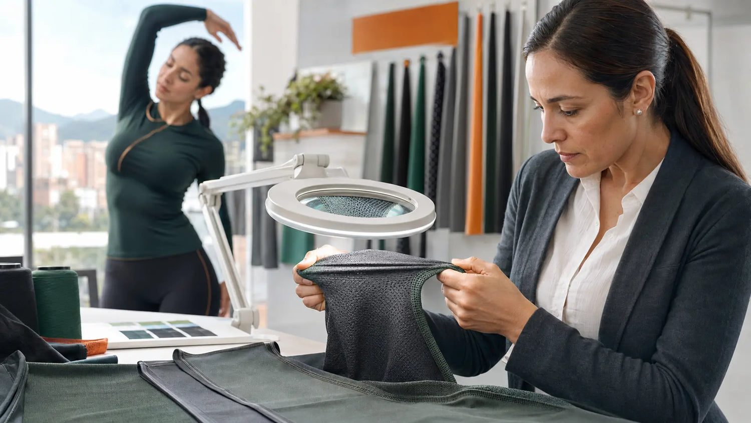 Especialista colombiana evaluando elasticidad, densidad y acabado de una tela deportiva técnica