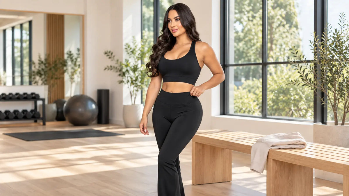 Mujer con top negro y leggings bota campana en un estudio, junto a una chaqueta clara.