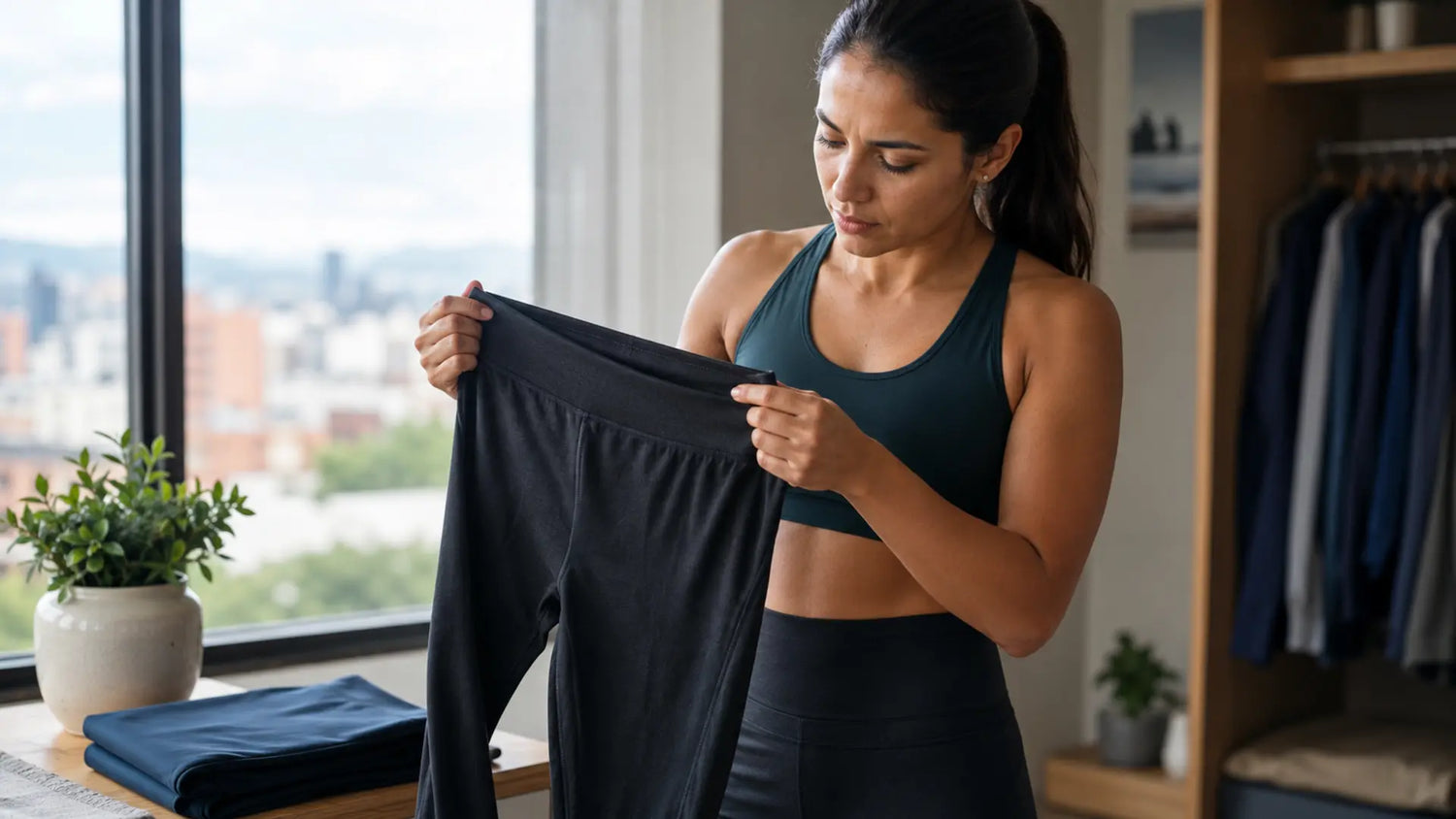 Mujer deportista revisa la elasticidad de unos leggings técnicos antes de reemplazarlos