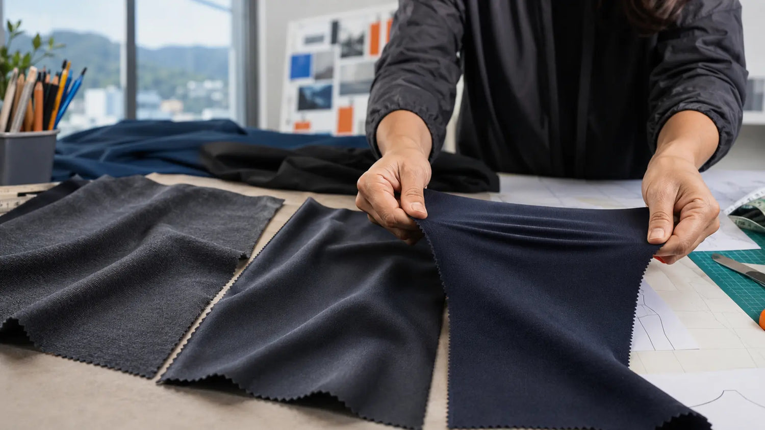 Diseñadora colombiana comparando telas técnicas de poliéster, nylon y elastano para ropa deportiva