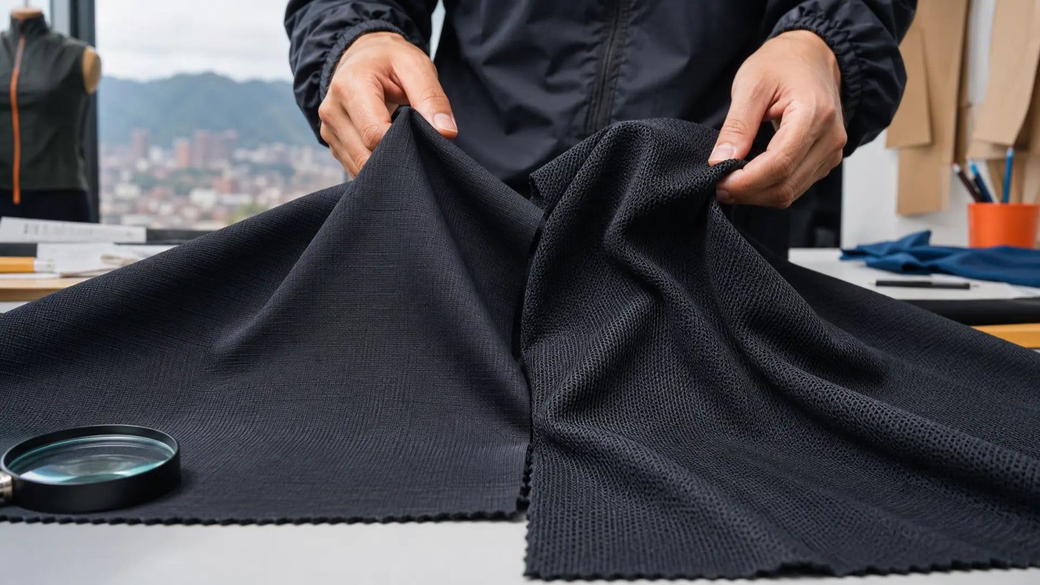 Diseñador colombiano comparando tejido plano y tejido de punto para ropa deportiva técnica