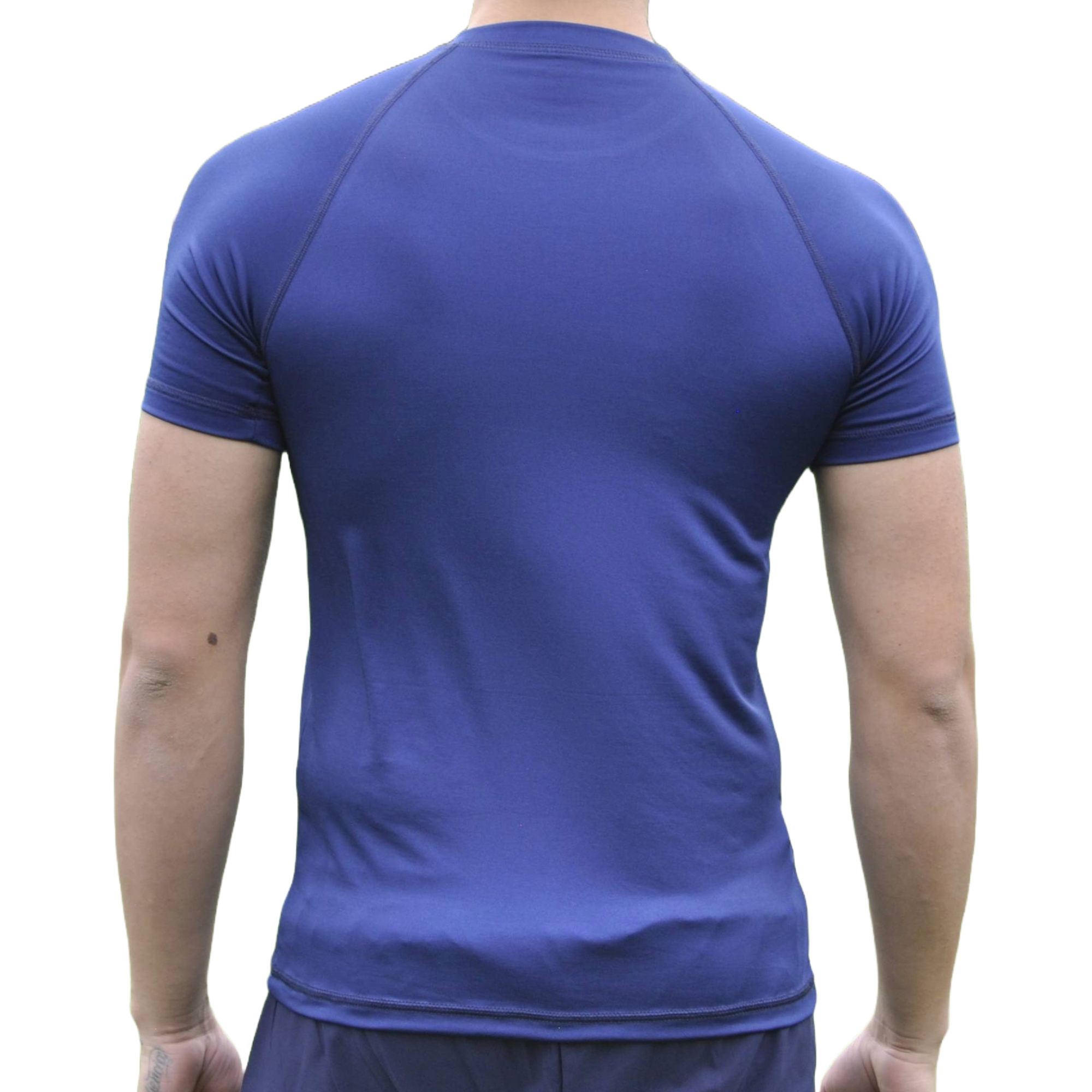 Camiseta deportiva hombre manga ranglán azul, vista lateral — At Fit Sport Colombia