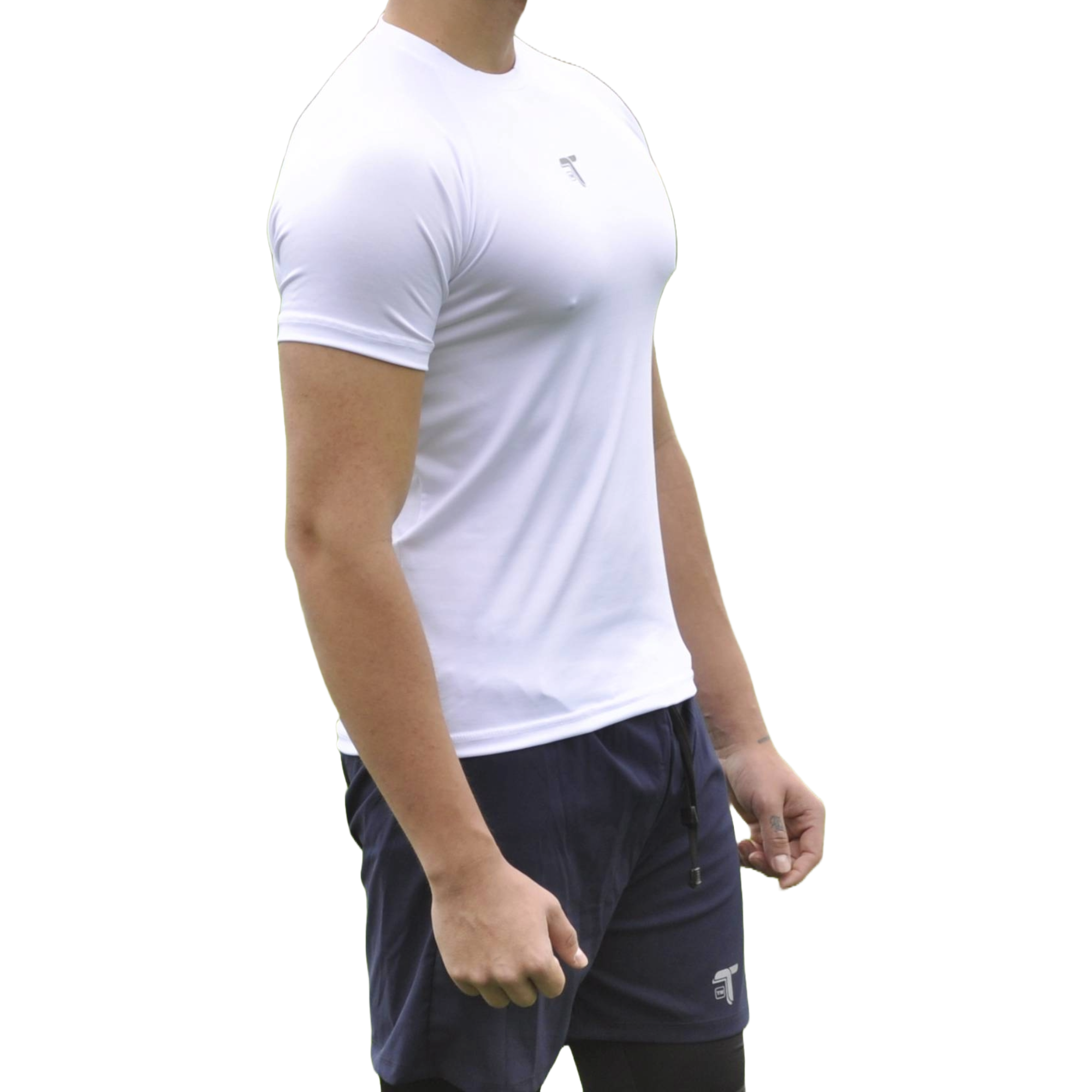 Camiseta deportiva hombre manga ranglán blanca, vista posterior — At Fit Sport Colombia