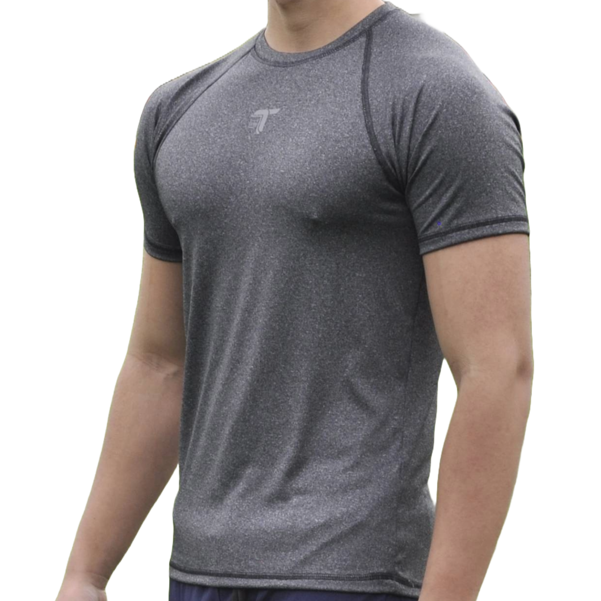 Camiseta deportiva hombre manga ranglán gris jaspe en polilicra transpirable — At Fit Sport Colombia