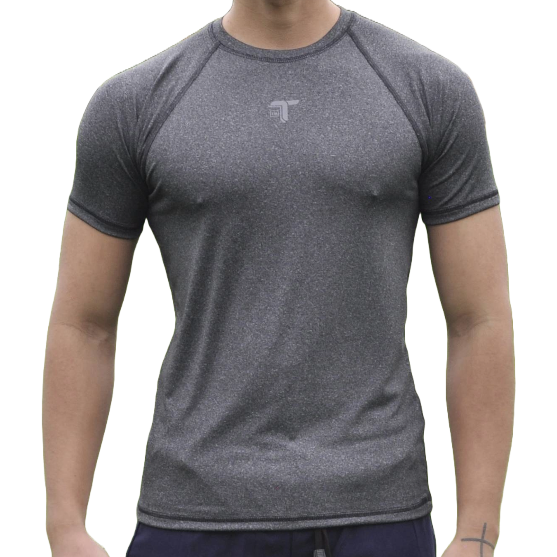 Camiseta deportiva hombre manga ranglán gris jaspe, vista frontal — At Fit Sport Colombia