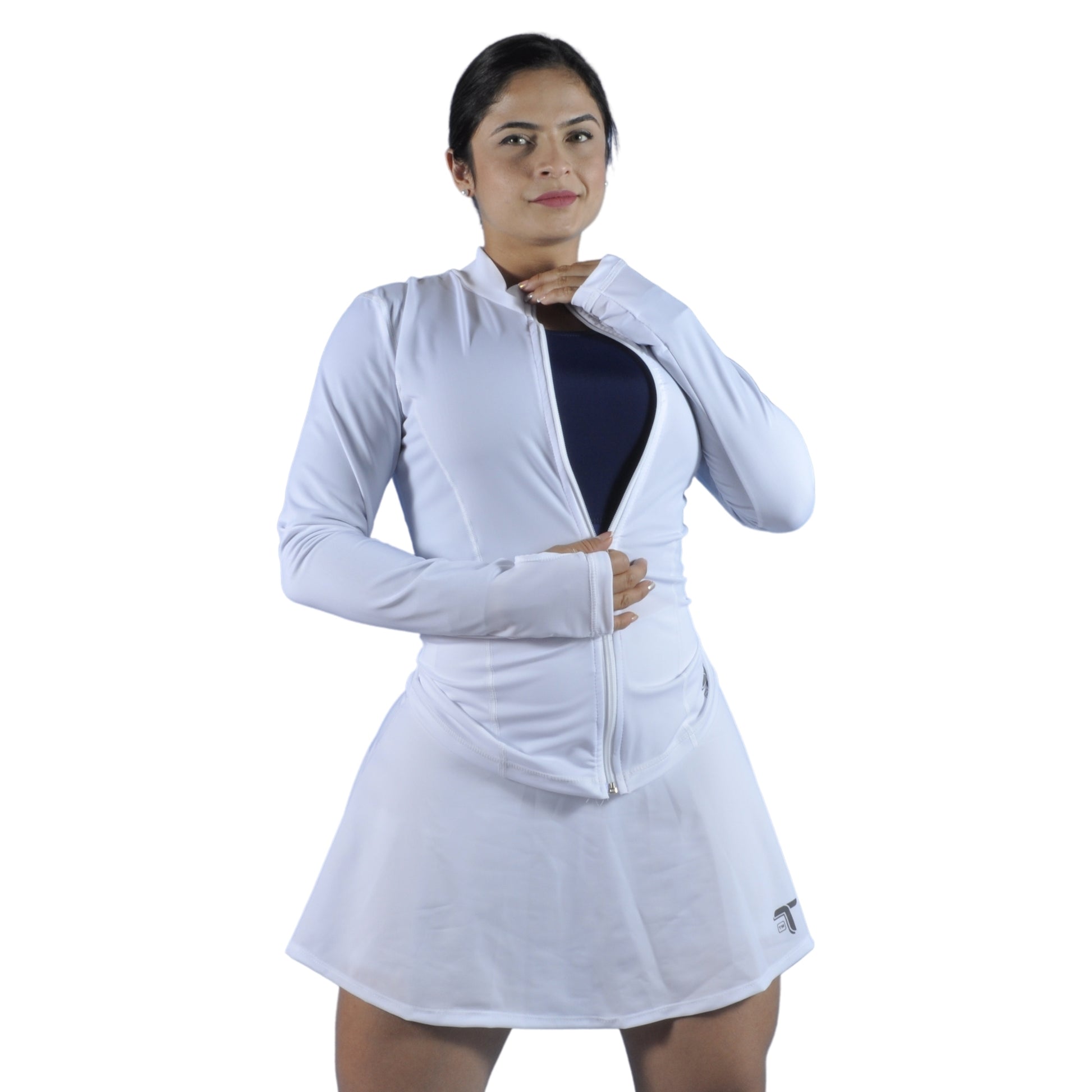Chaqueta deportiva mujer slim fit blanca para yoga, gym y running At Fit Sport Colombia