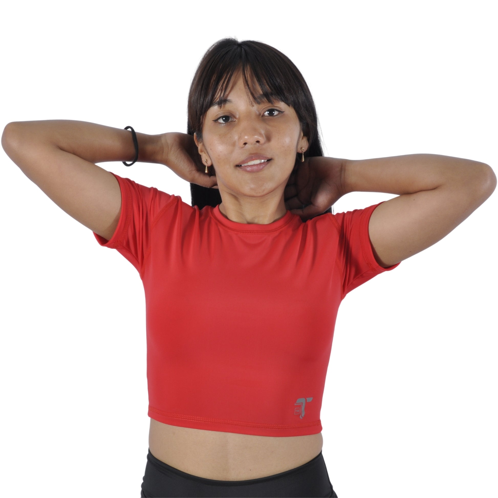 Crop top deportivo mujer manga corta Madeira rojo, vista lateral — At Fit Sport Colombia