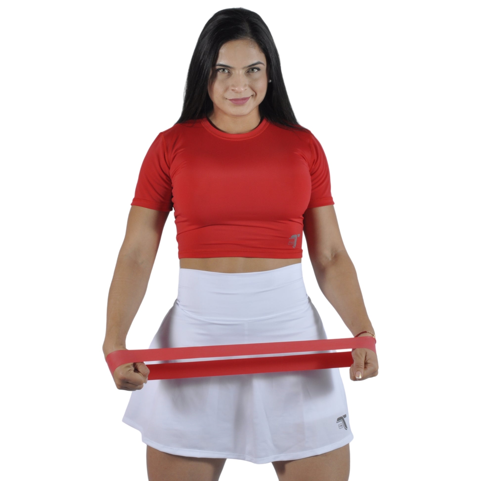 Crop top deportivo mujer manga corta Madeira rojo, detalle de la tela — At Fit Sport Colombia