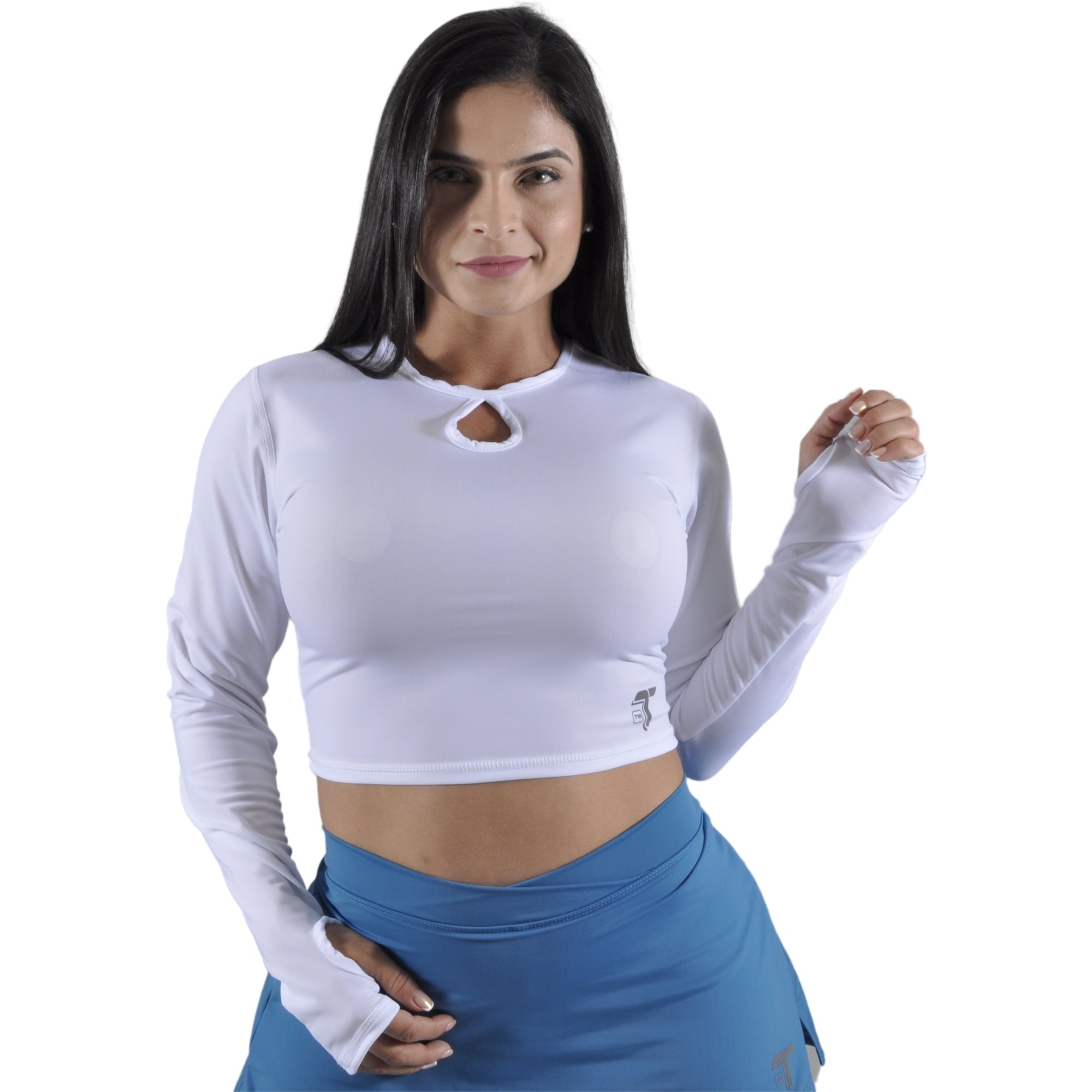Falda short deportiva pretina cruzada azul claro 2-en-1 At Fit Sport Colombia