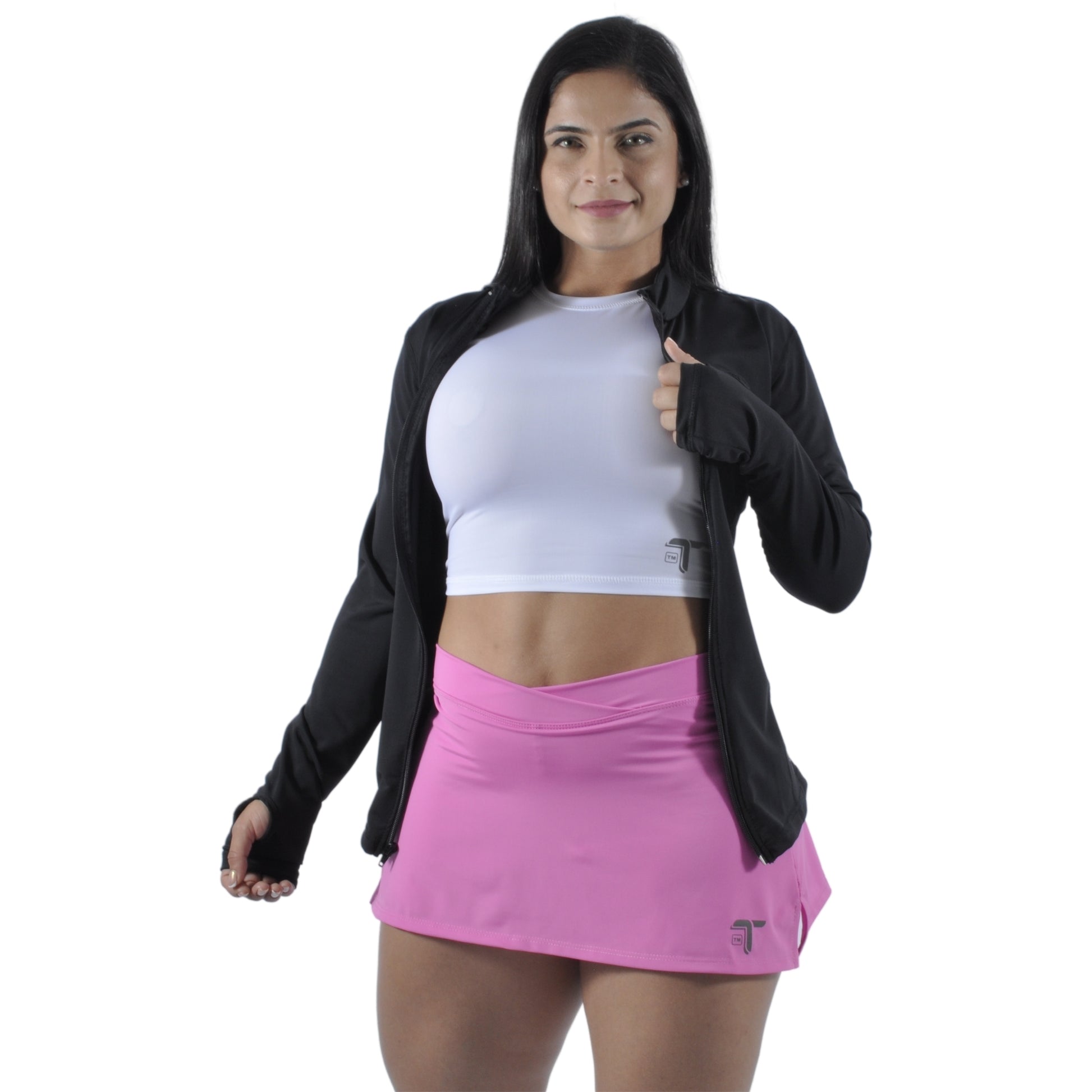 Falda short deportiva pretina cruzada rosada 2-en-1 At Fit Sport Colombia