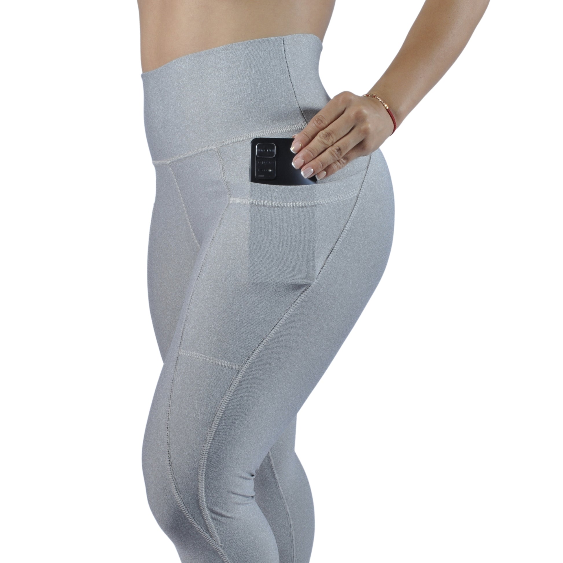 Leggins deportivo mujer bolsillo lateral gris claro pretina alta At Fit Sport Colombia