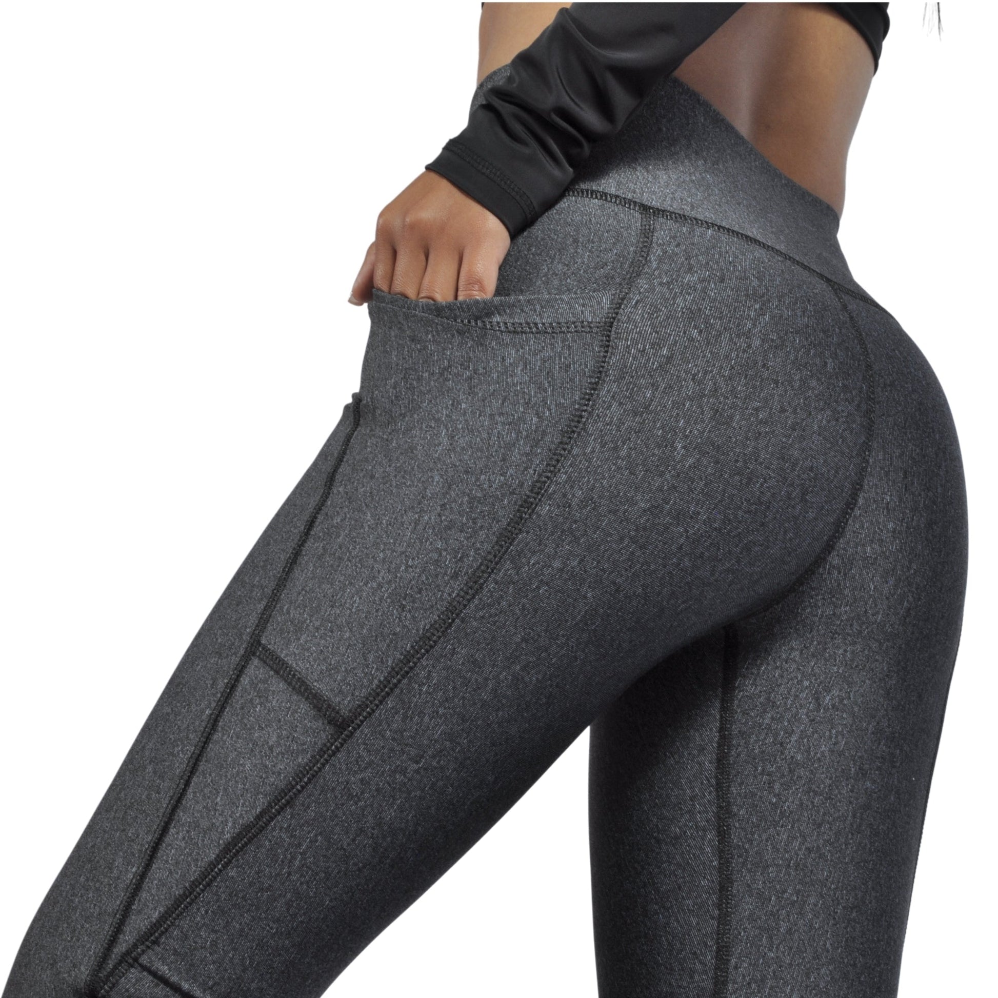 Leggins deportivo mujer bolsillo lateral gris jaspeado At Fit Sport Colombia