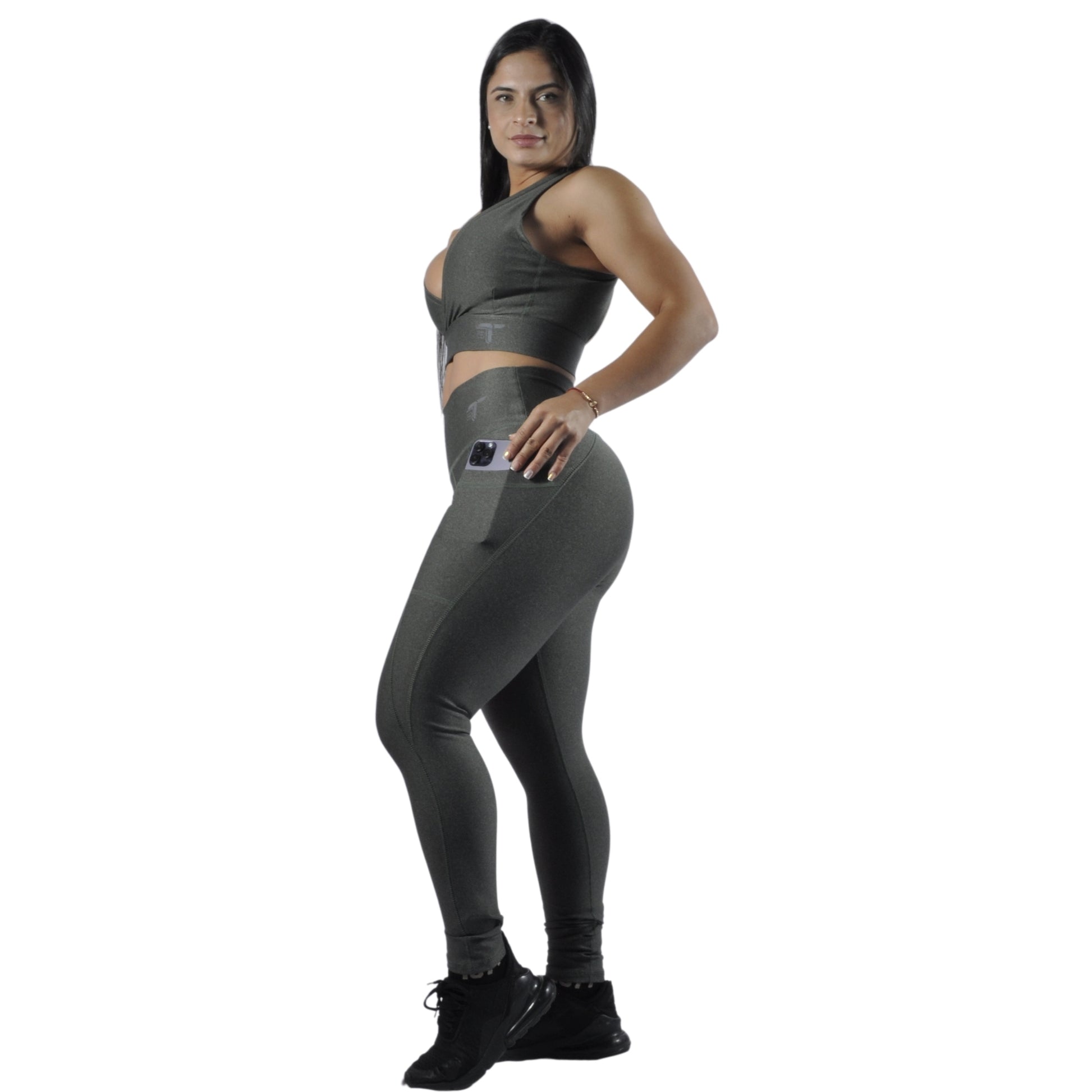 Leggins Deportivo Mujer - Bolsillo Lateral Tuacol Verde Jaspeado - At Fit Sport Colombia #