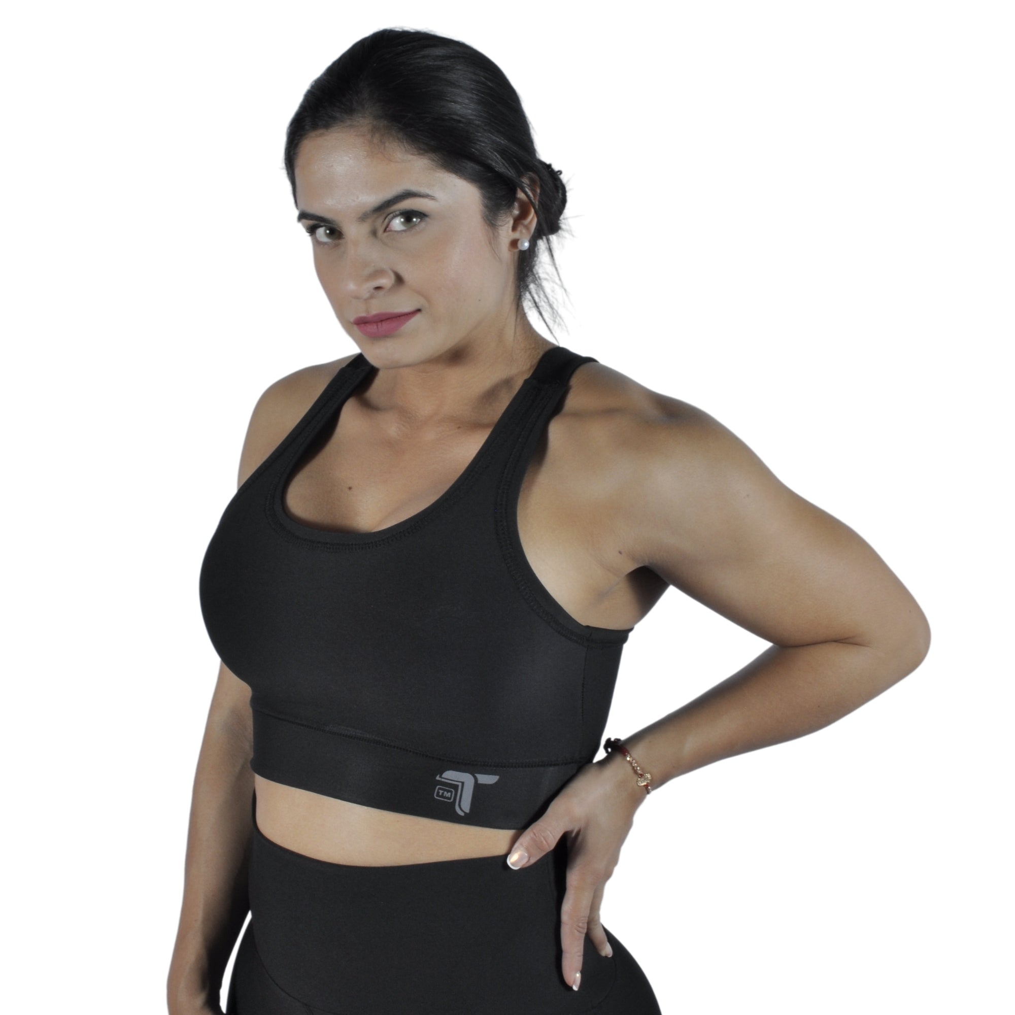 Top deportivo mujer tirantes en V Sirirí negro sujeción media At Fit Sport Colombia