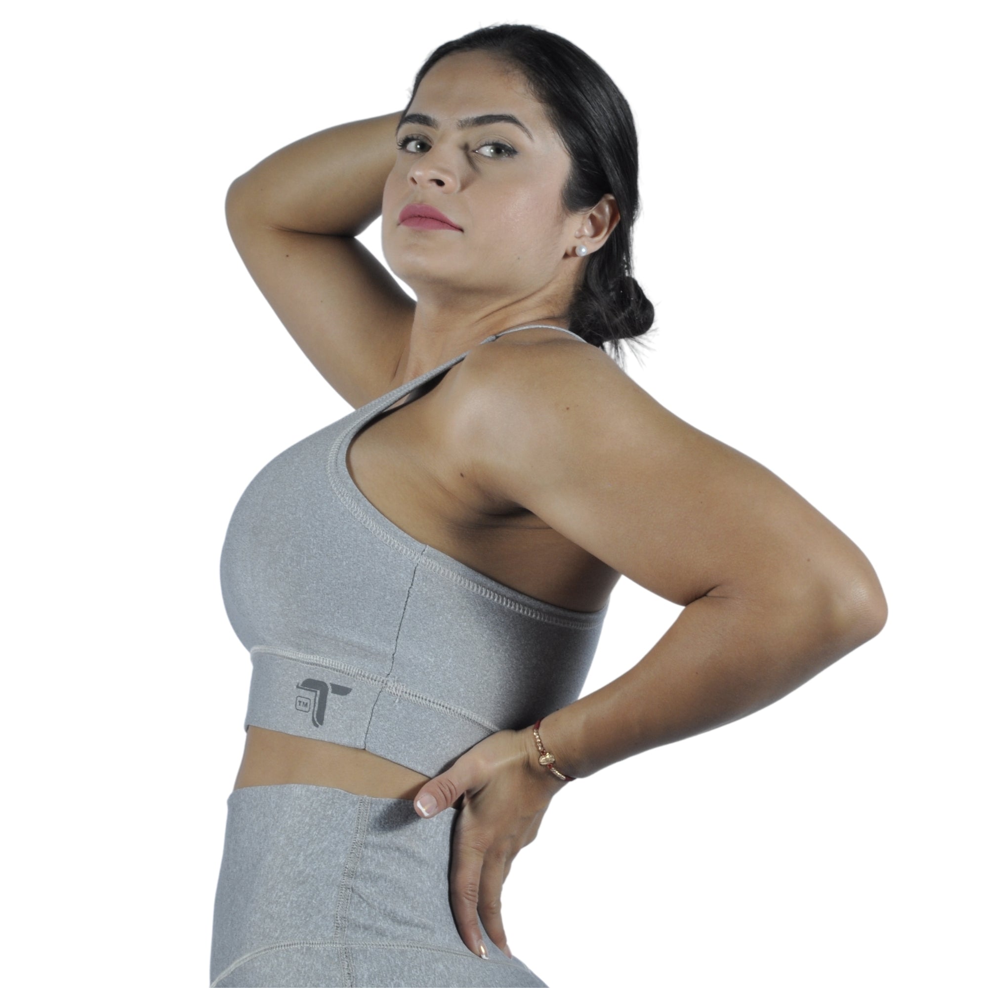 Top deportivo mujer tirantes en V Sirirí gris sujeción media At Fit Sport Colombia