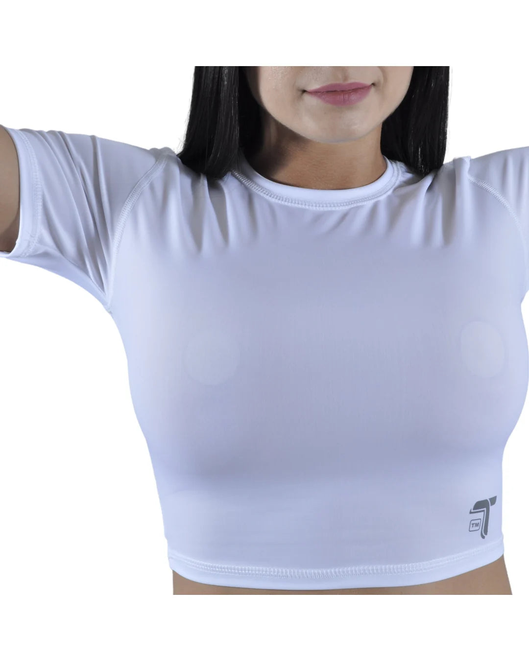 Crop Top Deportivo Mujer Madeira Manga Corta: blanco detalle mangas — At Fit Sport Colombia
