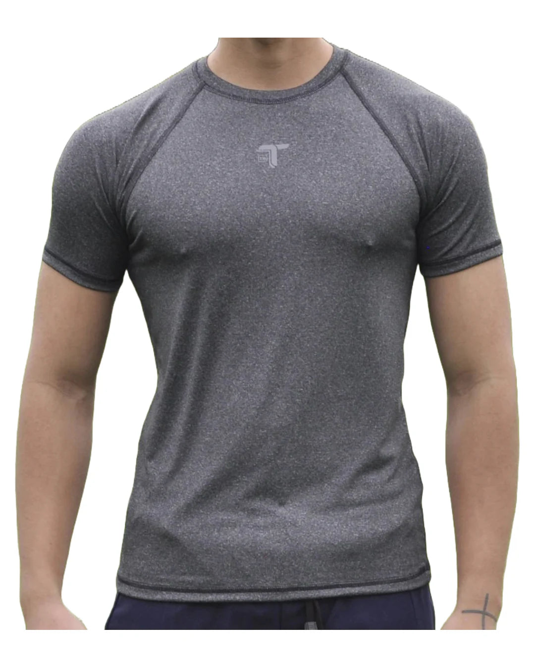 Camiseta Deportiva Hombre Manga Ranglan Transpirable: gris jaspe frontal — At Fit Sport Colombia