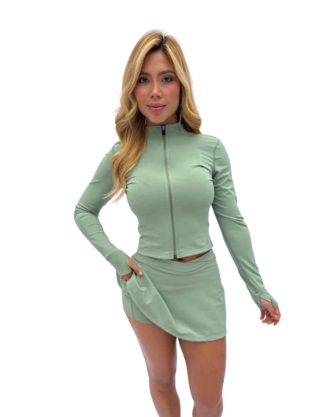 Chaqueta deportiva mujer Elipse verde menta con puños de ojales - At Fit Sport Colombia