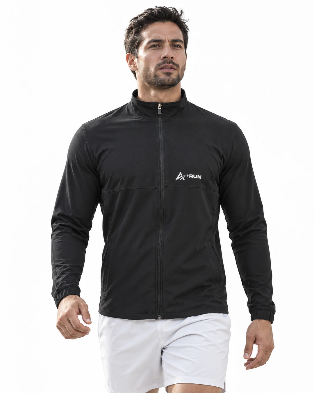 Chaqueta deportiva hombre Sport-Sec negra para running y training, vista frontal – At Fit Sport Colombia