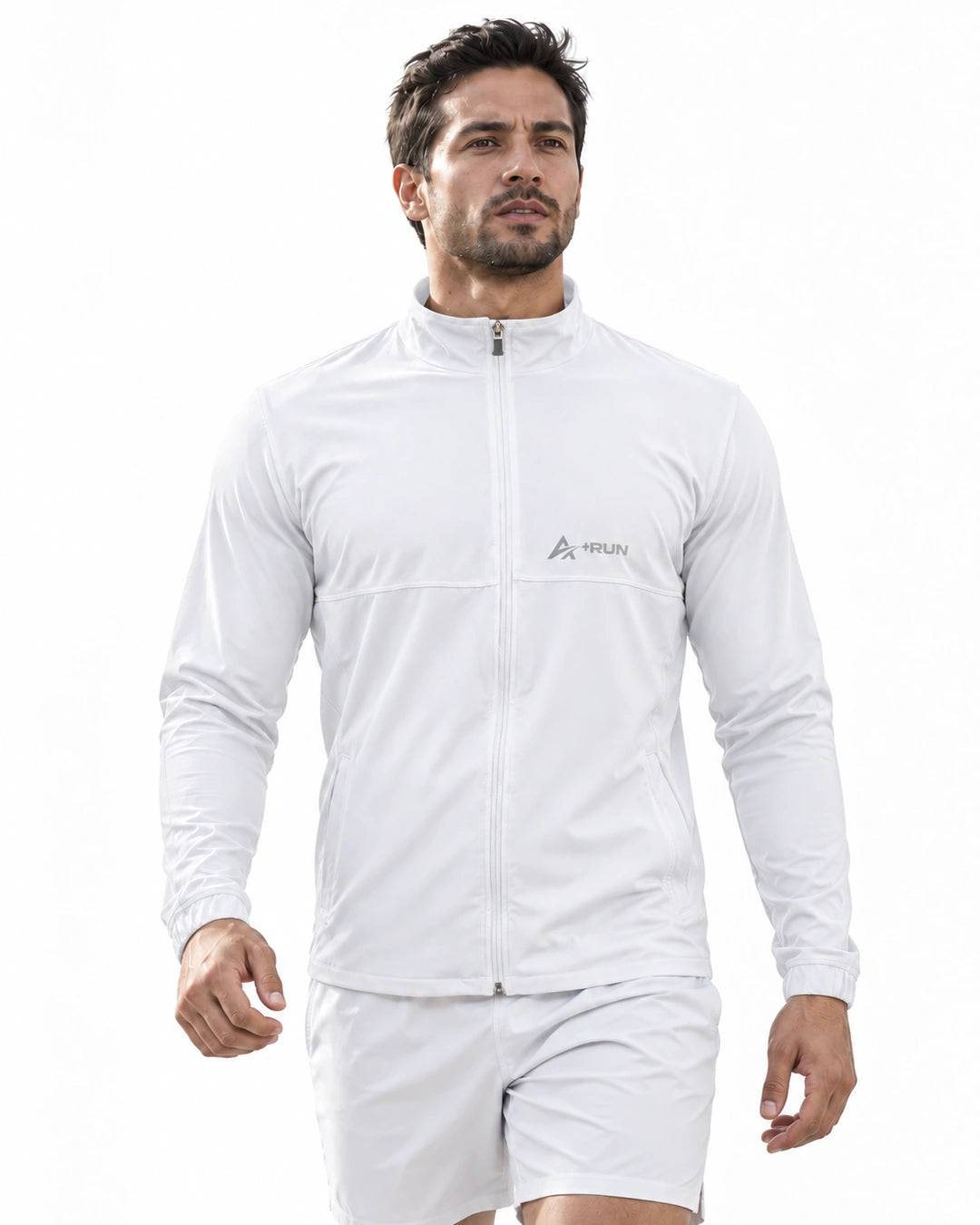 Chaqueta deportiva hombre Sport-Sec blanca con cuello alto y cierre completo – At Fit Sport Colombia
