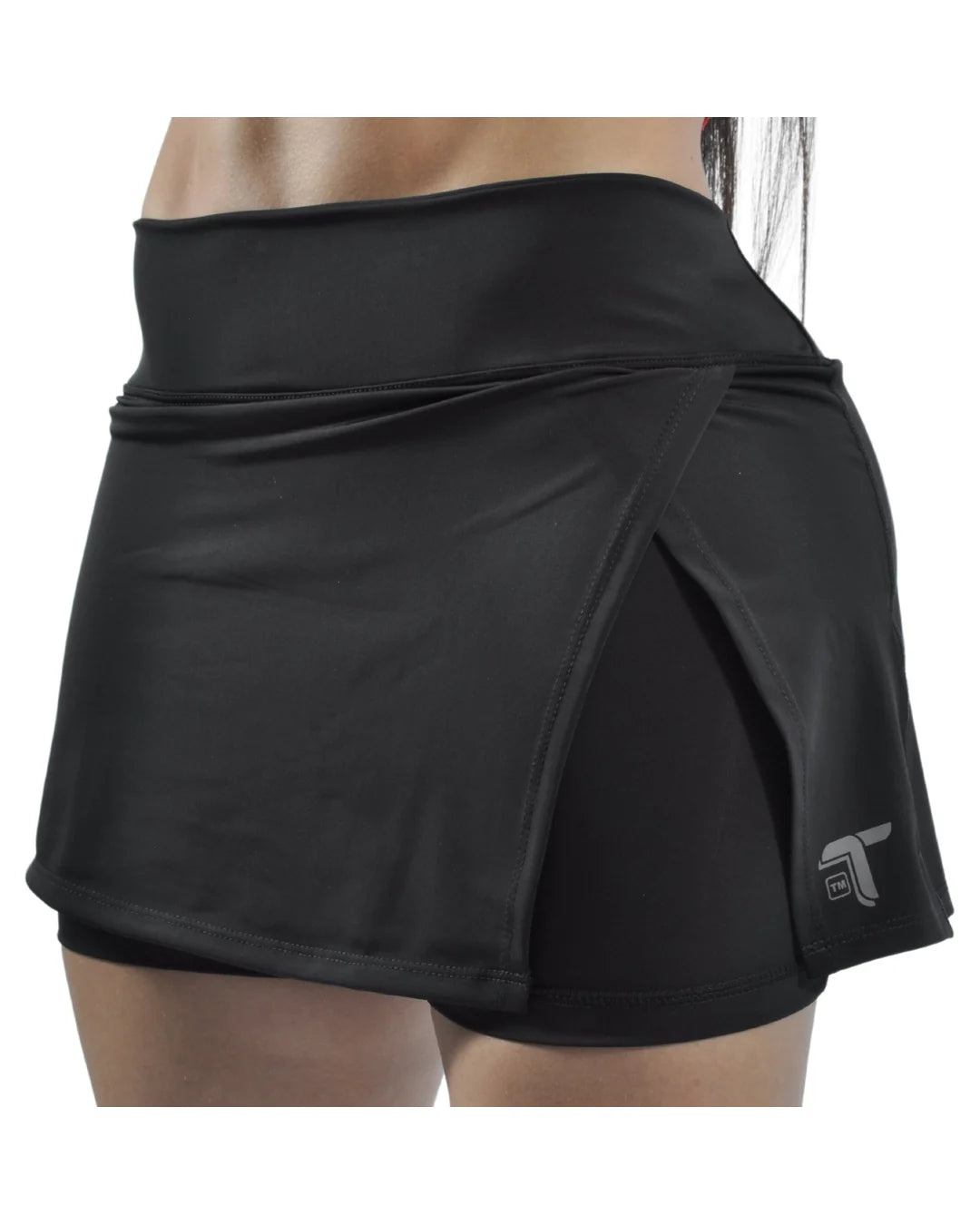 Falda Short Deportiva Inca 2 en 1 para Tenis y Pádel: negro detalle frontal — At Fit Sport Colombia