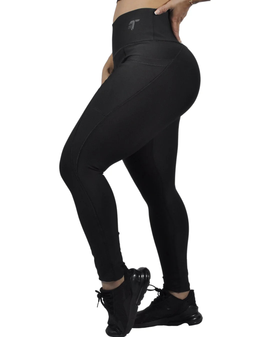 Leggings Deportivos Mujer Squat Proof con Bolsillos Laterales: negro lateral — At Fit Sport Colombia