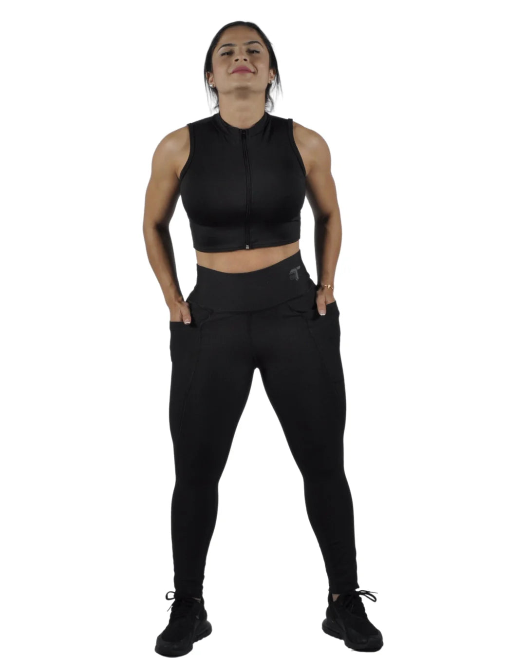 Leggings Deportivos Mujer Squat Proof con Bolsillos Laterales: negro look frontal — At Fit Sport Colombia