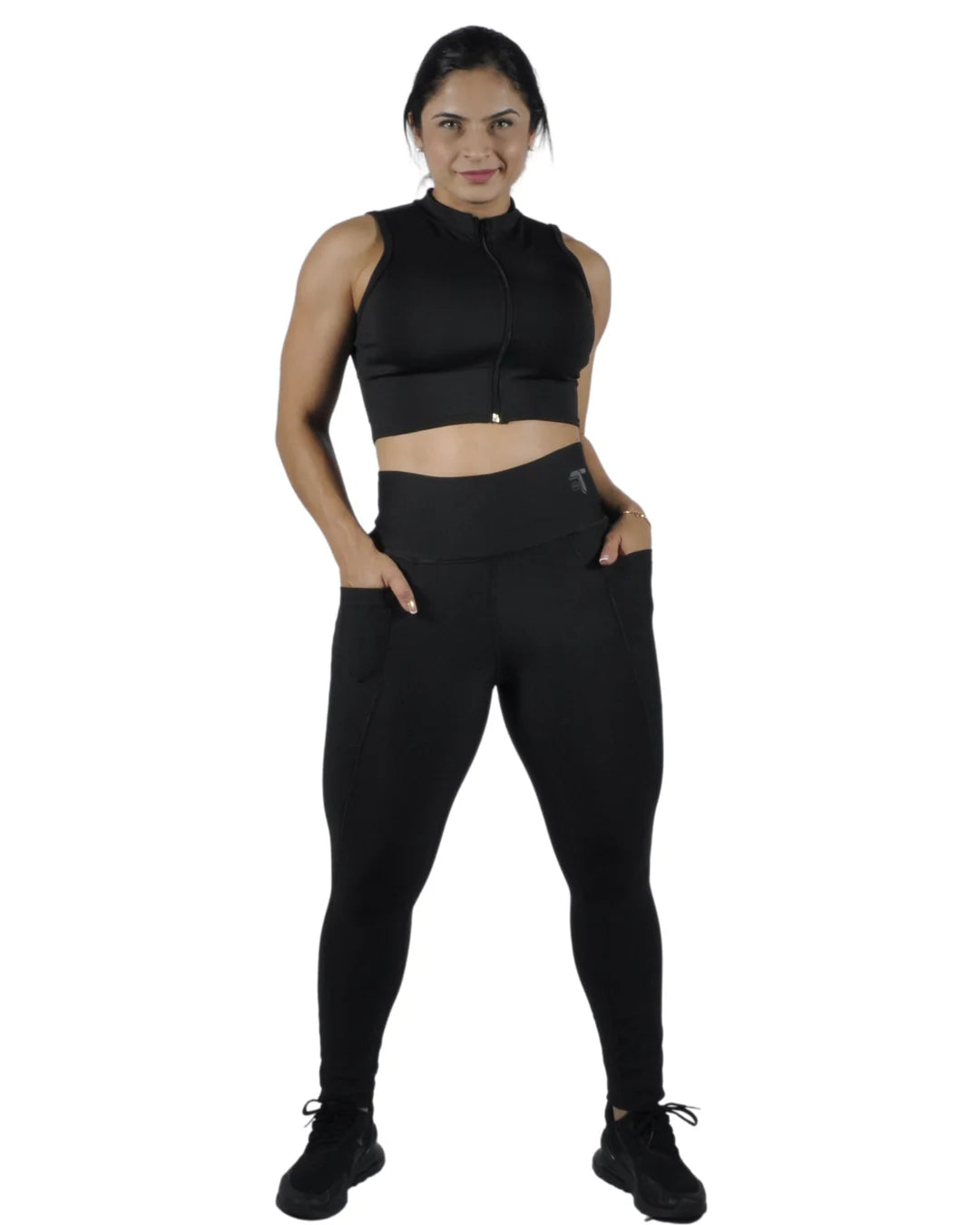 Leggings Deportivos Mujer Squat Proof con Bolsillos Laterales: negro look completo — At Fit Sport Colombia