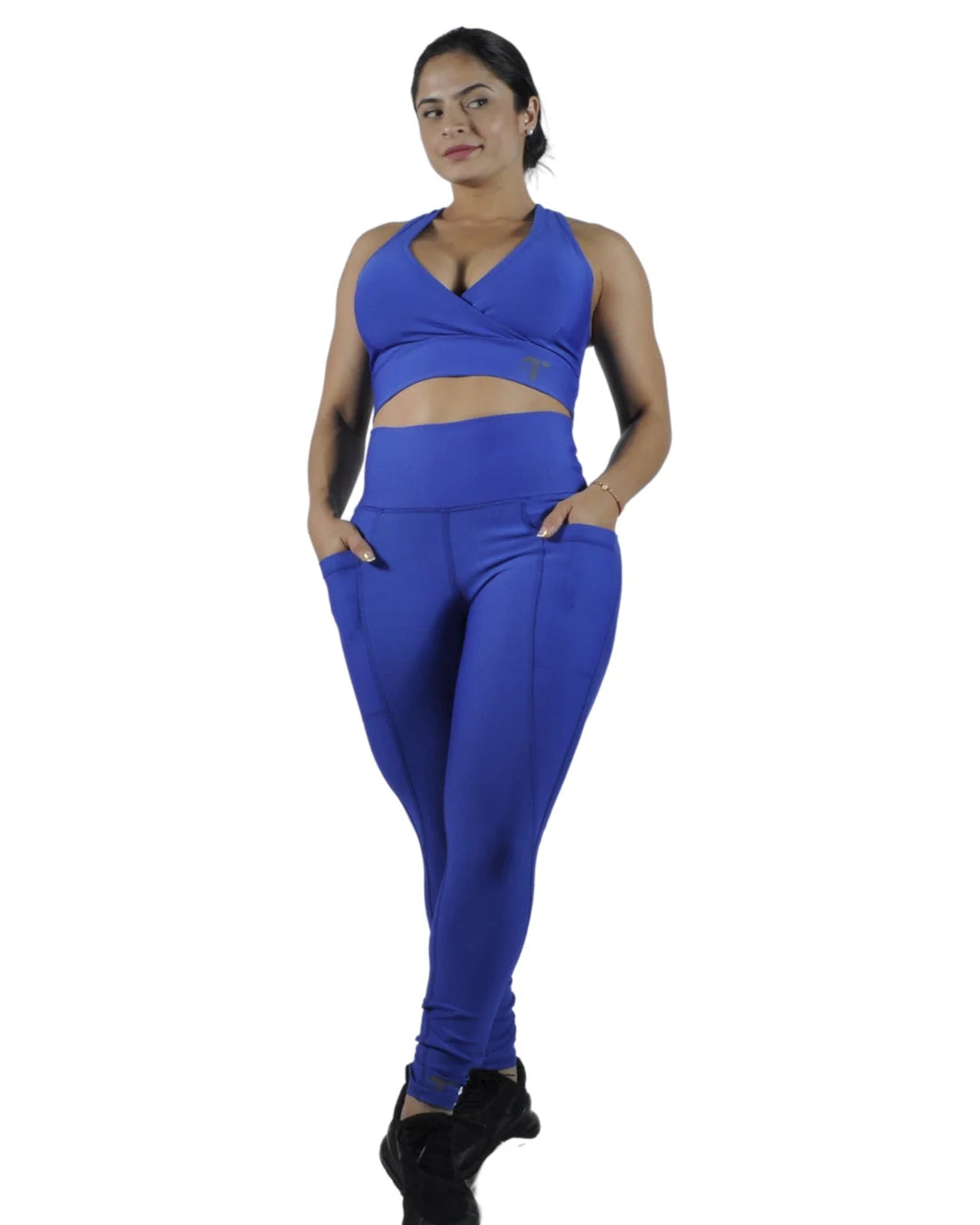 Leggings Deportivos Mujer Squat Proof con Bolsillos Laterales: azul rey frontal — At Fit Sport Colombia