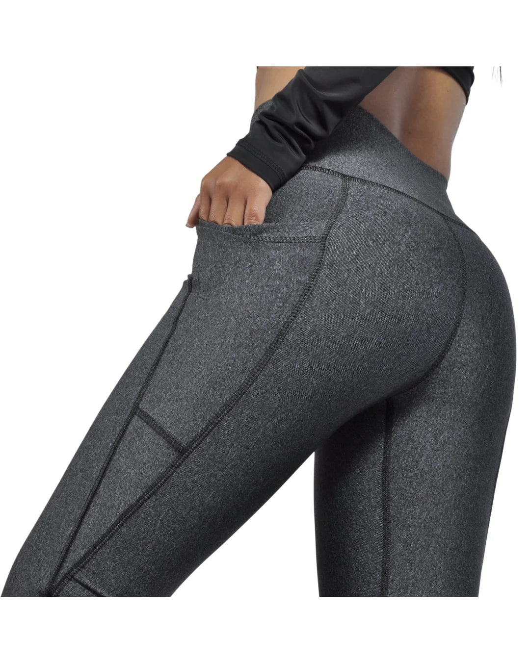Leggings Deportivos Mujer Squat Proof con Bolsillos Laterales: gris jaspe posterior — At Fit Sport Colombia