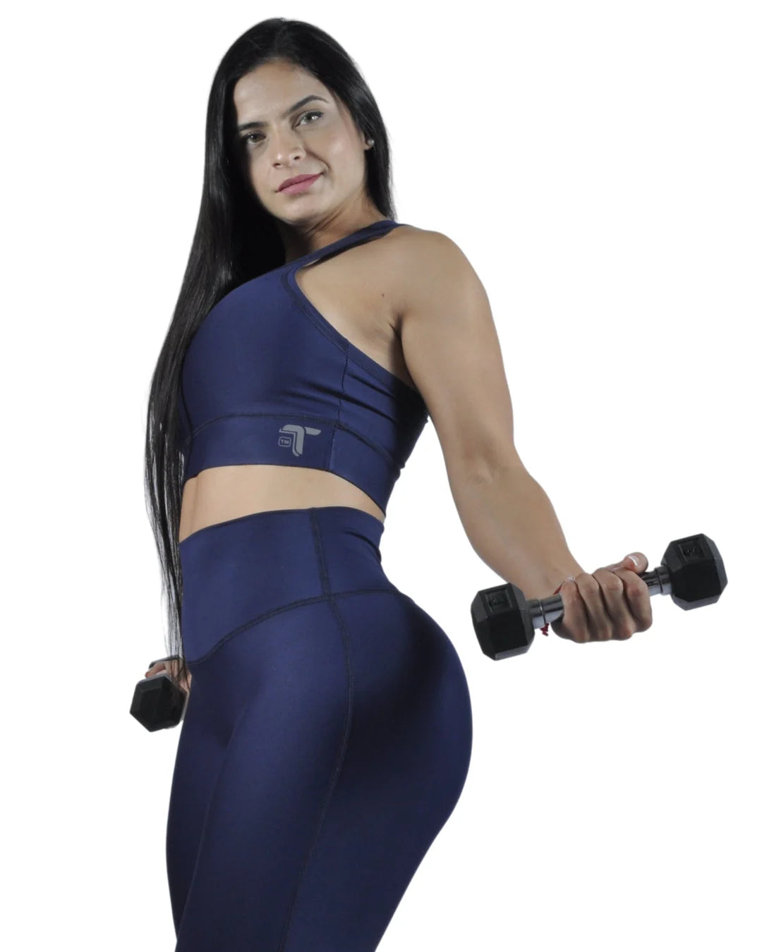 Leggings Deportivos Mujer Cacique Pretina Curva Alta: azul oscuro modelo frontal — At Fit Sport Colombia