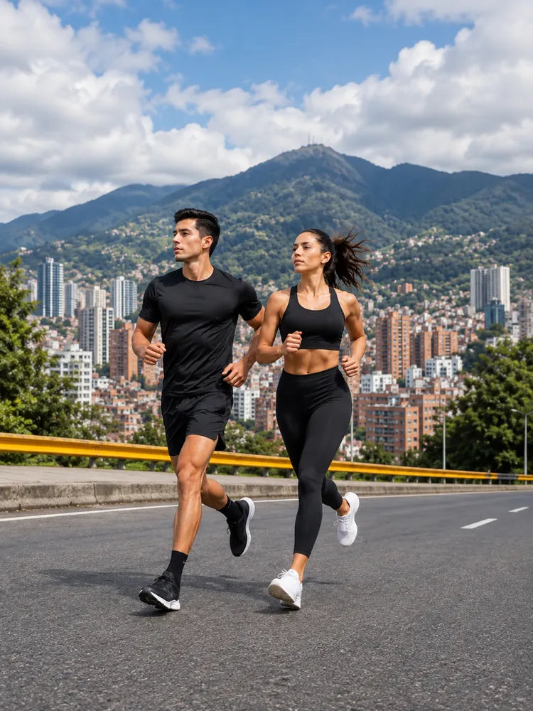 Mujer y hombre corriendo frente a los cerros de Bogotá.