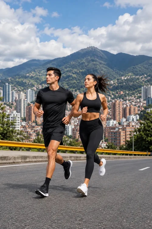 Mujer y hombre con ropa deportiva At Fit Sport corriendo al aire libre frente a los cerros de Bogotá.