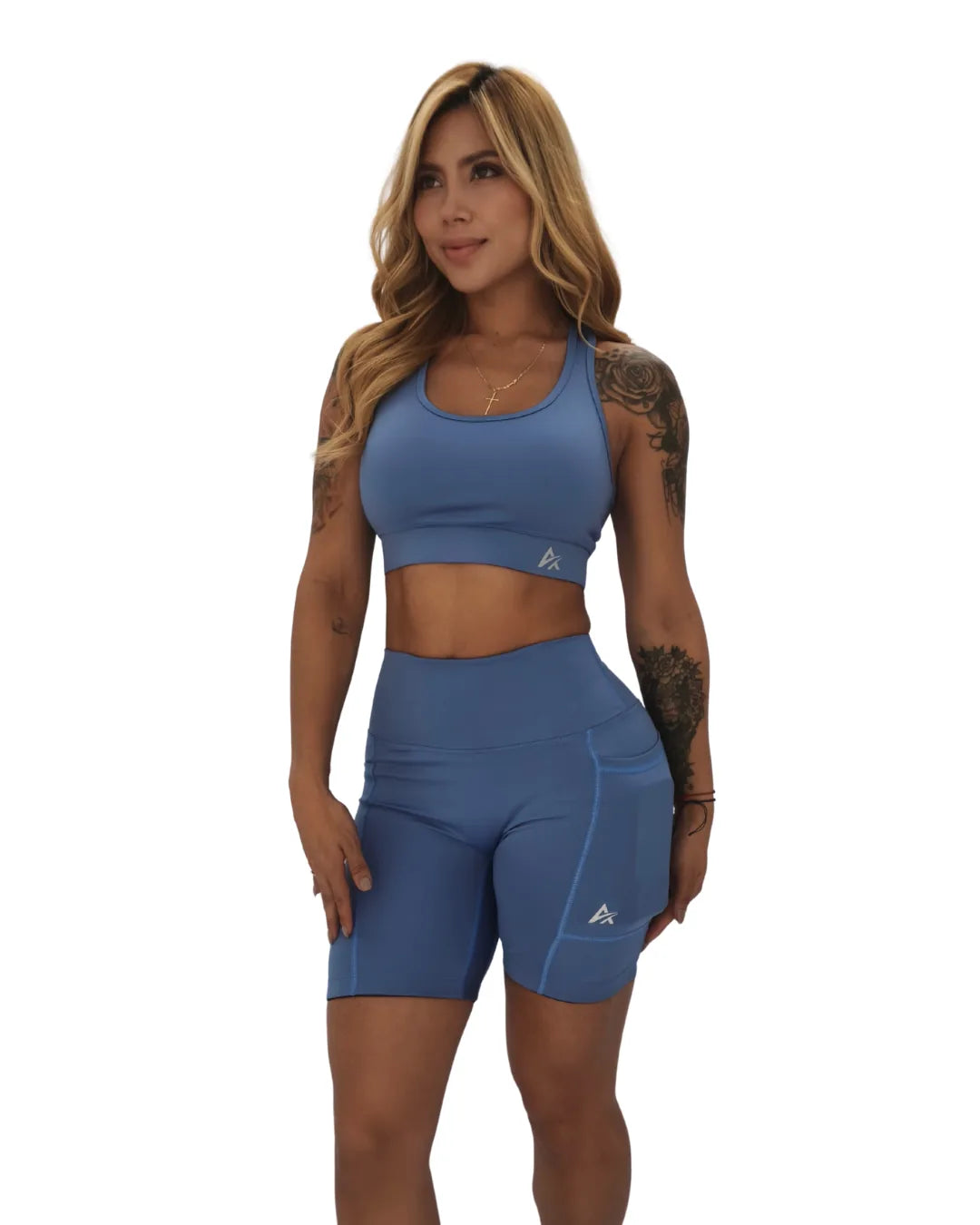 Short deportivo Sprint mujer azul claro de tiro alto para gimnasio - At Fit Sport Colombia